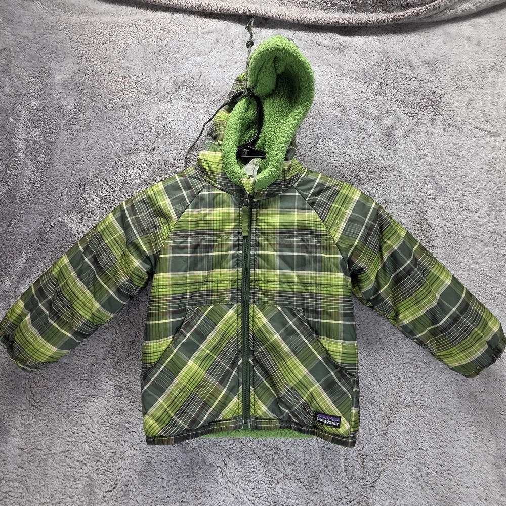 Patagonia Jacket Kids 4 Green Plaid Puffer Hooded Sherpa Winter Coat Reversible